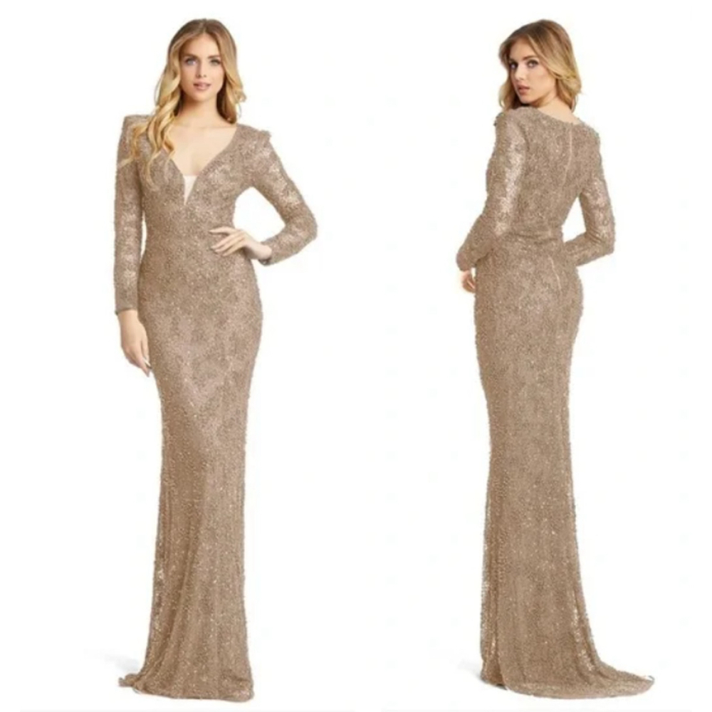 Women's Mac Duggal Mocha Beaded Long Sleeve Gown Size 14